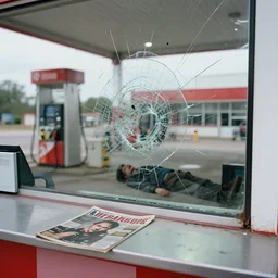 the inside of a gas station that was closed for 2 2 years. a dead body lie behind the counter. shattered glass. magazine cover