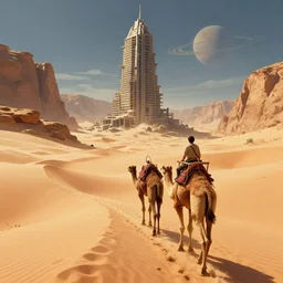 a beautiful illustration of a man on the perch of a wooden structure on the back of a giant camel traveling a desert of massive dunes towards a brutalist abandoned skyscraper half-buried in a desert wasteland of cliffs and sand with a ringed planet on the horizon in the style of Rob Lefield and Ralph McQuarrie, Daniel Merriam :.1, trending on artstation, digital art, third person perspective, viewed from below, looking up, wide angle, establishing shot