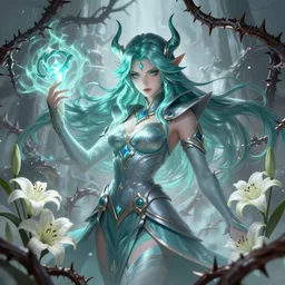 beautiful sorcerer with aqua and mist magic, surrounded by thorns and lilies, attarctive face, anime key visual, highly detailed, sharp focus, concept art, league of legends, style by shumolly and monable and artgerm and greg rutkowski and zeronis and pilyeon and ruan jia