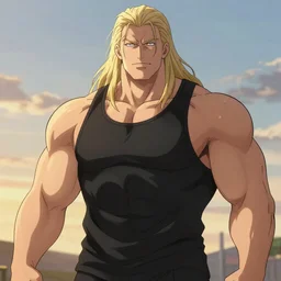 portrait of the immensely towering bodybuilder Lucius Bjornsson with beautiful long pale blond hair, albino white pale skin, posing for a photoshoot in the golden hour, black tank top, broad shoulders and huge thick arms, ambient lighting, 4k, anime key visual, lois van baarle, ilya kuvshinov, rossdraws, artstation