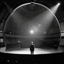 movie still of a sphercal hall, cinestill 8 0 0 t black and white, by andrei tarkovsky, heavy grain, high quality, high detail, ultra wide lens, cinematic composition, dramatic light, lens flares, anamorphic volumetric light