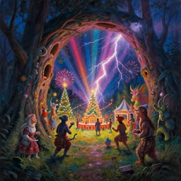 closeup of a night carnival around a magical in a summer storm, tree cavity with a music scenario with many fireworks and christmas lights,, volumetric lightning, intense colored god rays in the sky, folklore people disguised with fantastic creatures in a magical forest by summer night, masterpiece painted by huang guangjian, gil elvgren, ruan jia, randy vargas, greg rutkowski, scene by dark night environment, refraction lights,