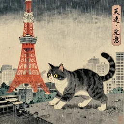 cat in rain attacking Tokyo, ukiyo-e print, masterpiece, masterwork, artstation