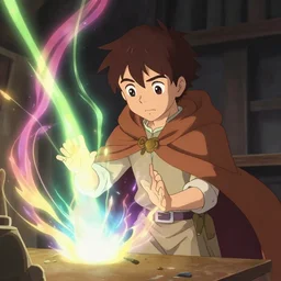 a young boy mage with a brown cloak and brown hair is standing at his desk working on a new spell, colorful, flowing energy, light rays, anime boy, boy, consistent face, anime boy face, medium shot, waist up, pixar and disney animation, sharp, by greg rutkowski and makoto shinkai, bloom, dramatic lighting, cinematic
