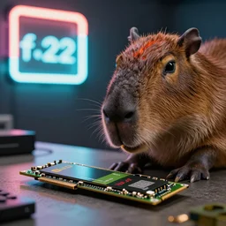 capybara chews on a nvidia gpu, wildlife photography, kodak gold 2 0 0, depth of field, f / 2 2, neon lamp, volumetric lighting, award - winning photo