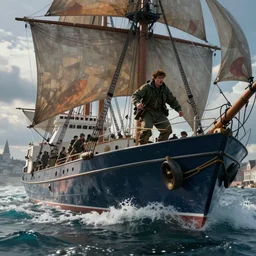 an injured soldier in a ship sailing off from a european harbor in stormy waves, cinematic lighting, 8 k smooth, vibrant colors, ambient occlusion, hdr, complex, highly atmospheric lighting, highly detailed, photorealism, stehpen king, greg rutkowski, focus, cinematic, concept art, artstation, trending