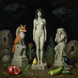 realistic painting of solid black night sky, tall emo girl, stone sculptures, a fox, a pear, dark clouds oozing black paint, boulders, caves, pomegranate, bromeliads, herbs, raven, courgettes, berries, zen, sensual, surrealist painting by magritte and monet and rousseau
