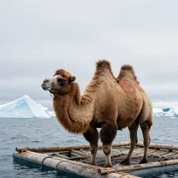 A bemused camel on a wooden raft in the Arctic ocean, watching an iceberg float past, award winning nature photography by National Geographic