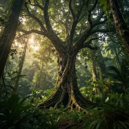 horrific portal to hell embedded in a spectacular tree in a densely overgrown jungle, fantasy, dreamlike sunraise, ultra realistic, atmospheric, stopped in time, epic