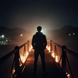lomo photo of a man standing on a burning bridge, cinestill, bokeh, out of focus, dramatic lighting, night, dark, detailed, grainy, fog