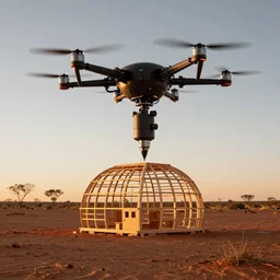flying robotic drone 3d printer, giant extrusion nozzle printing an earthship house frame in the australian desert,  XF IQ4, 150MP, 50mm, F1.4, ISO 200, 1/160s, dawn