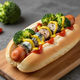 photo shoot portrait of a delicious hot dog with broccoli and sardines, mustard, ketchup, detailed, uhd, 8k,