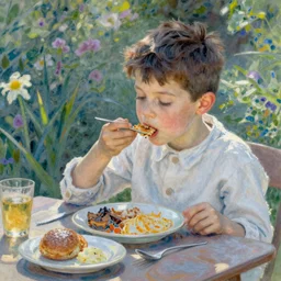 in the style of Monet, a boy is eating foods, very highly detailed, 8k, wallpaper