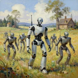 robot death squads roaming the countryside, oil painting, Thomas Kinkade, detailed, 4k