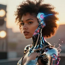 a 3 5 mm photo of a beautiful woman with cybernetic details led lights and neon with chrome details, splash art, movie still, afrofuturism, bokeh, canon 5 0 mm, cinematic lighting, dramatic, film, photography, golden hour, depth of field, award - winning, anamorphic lens flare, 8 k, hyper detailed, 3 5 mm film grain
