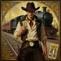 a dramatic ethereal epic symmetrical painting of a handsome villainous cowboy standing in front of railroad tracks with a train locomotive | his shirt is open and he has a pocketwatch | tarot card, art deco, art nouveau, (steampunk), homoerotic, realistic | by Mark Maggiori and ((Alphonse Mucha)) | trending on artstation