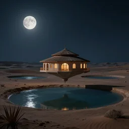the only building hovering over a deserted oasis on a moonlit night in the style of peter morbacher and jacek yerki, dim picturesque lighting of three - dimensional water bodies