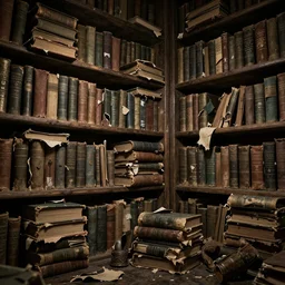 inside of an old mythical library of torned books on bookshelves, fantasy, grunge, dark arts, detailed hyper-realistic, intricate, octane render, insane details