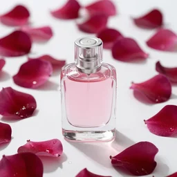 perfume bottle sitting on a white surface surrounded by a plethora of deep - pink dew - drop flowers, bright white realistic, up close shot, white background, zen, light, modern minimalist f 2 0