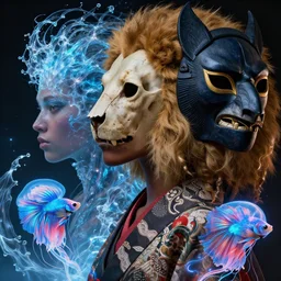 3 d goddess close up profile portrait russian with lion skull. beautiful african australian raven mask and classic japanese kimono. betta fish, phoenix jellyfish, bioluminescent, plasma, ice, water, wind, creature, artwork by tooth wu and wlop and beeple and greg rutkowski