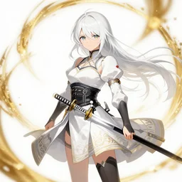 white-haired anime girl warrior in a dress with a katana surrounded by golden swirling clouds, intricate linework, detailed, artstation, cinematic, dramatic, atmopsheric, style of En Jia, 8k