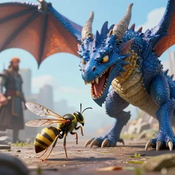 a ultrarealistic hyperrealistic matte painting 3 d render of a tiny wasp fighting the gigantic blue dragon, by beeple and jakub rozalski and lorddoomhammer and simon stalenhag : 7 high quality, 8 k, 8 k resolution, 4 k, 4 k hd, hdr, blurry, smooth, airbrushing, soft lighting, dynamic lighting, cinematic lighting, epic : 3