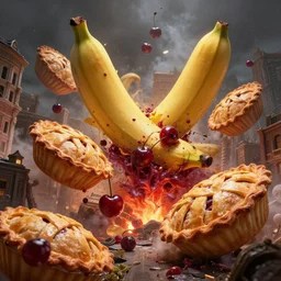giant cherry pies falling into and exploding buildings, dim volumetric lighting, 8 k octane beautifully detailed render, post - processing, extremely hyper - detailed, intricate, epic composition, giant bananas natural disaster, cinematic lighting, masterpiece, trending on artstation, detailed detailed detailed, masterpiece, stunning art by anders zorn, wonderful masterpiece by greg rutkowski, beautiful cinematic light, american romanticism by greg manchess, jessica rossier