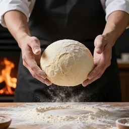 closeup photo of one dough ball hovering in the air between the baker's hands, above a bench, flour dust flying, live fire on black background, backlight, dramatic lighting, vibrant colors, sony alpha a6400, studio photography