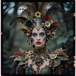 kodak portra 4 0 0, wetplate, photo of a surreal artsy dream scene,, weird fashion, in the nature, highly detailed face, very beautiful model, portrait, close up, extravagant dress, carneval, animal, wtf, photographed by paolo roversi style and julia hetta