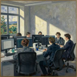 a bonnard painting of software engineers in an office meeting