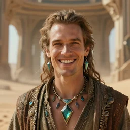 closeup portrait of a happy man with angular alien jewellery, wearing strange robes, in a futuristic desert palace, bokeh, sci - fi concept art by greg rutkowski and krenz cushart