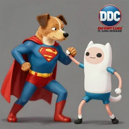 painting of Jake the dog fighting superman , adventure time vs DC universe, hand to hand combat, by senior character artist, concept art, digital art, cartoon, high detail