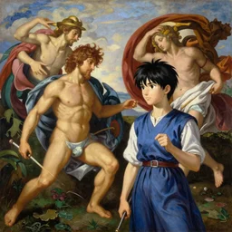 ad oil painting of dio brando and giorno giovanna cosplaying the oil painting The Creation of Adam, 4k