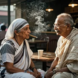 mother teresa smoking a blunt, talking to gandhi in a coffee place, evening sunlight