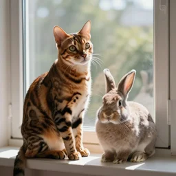 Bengal cat and bunny rabbit sitting on the window,sunny light effts