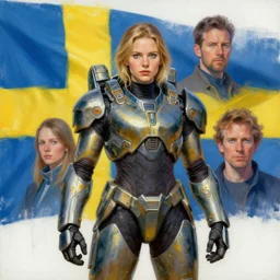 portrait of swedish girl wearing power armor. intricate painting by ross tran, magali villeneuve, and jeremy mann. flag of sweden
