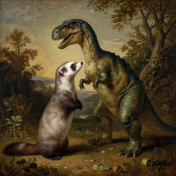 a ferret and a dinosaur in love, flemish painting