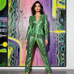 a woman in a green snake skin suit, art by richard artschwager, trending on pinterest, maximalism, y 2 k aesthetic, maximalist, stylish
