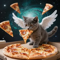 a grey kitten standing on a pizza in outer space. the kitten is eating a piece of pizza. pizza slices flying with angel wings in background, dark cyan galaxy and stars in background, 4 k photoshopped image, look at that detail