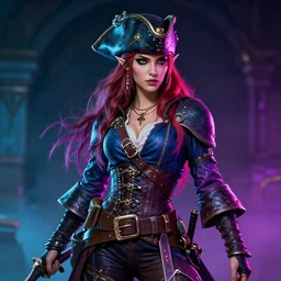 portrait of a female elven pirate, character design, concept art, digital illustration, ray tracing, fantasy, neon lighting, intricate and highly detailed, coloured with lots of colour, pose, fantasy, sharp focus,