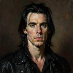 a portrait of nick cave, masterpiece, dramatic lighting, stunning painting by ruan jia and caravaggio