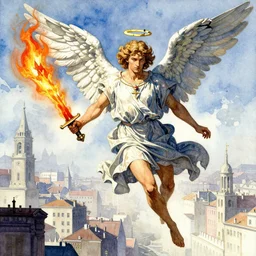 a watercolor painting of a archangel with a broken halo wielding a jagged fiery blade flying over a city in the style of jean giraud in the style of moebius trending on artstation deviantart pinterest detailed realistic hd 8 k high resolution