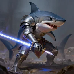 anthropomorphic thresher shark with legs in knight armor, slicing knight arm off with lightsaber, fantasy, digital painting, dramatic lighting, vibrant setting, realistic shading, unreal engine 5, concept art, ultra detailed, trending artstation