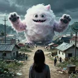 a 1 9 7 6 korean horror movie, where a giant candy floss monster is crushing a village. a young woman watches from the foreground.