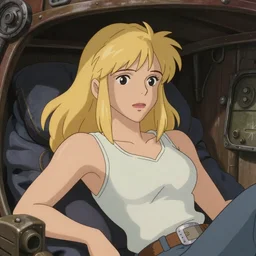 Character portrait of a tank top-clad blonde female airship mechanic resting in her cramped bunk, steampunk, beautiful face, striking eyes, highly detailed, digital art, cel shading, anime still, by Studio Ghibli and Disney Animation