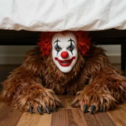 bigfoot clown peeking from underneath a bed