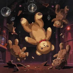 a disco night club, several teddy bear wildly bouncing around upside down, breaking things going berserk, dark retro lighting, darkly playful color scheme, intricate details, matte painting, illustration, by hayao miyazaki