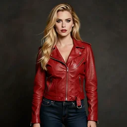 Rafael Albuquerque, art nouveau, pretty female Sarah Michelle Gellar, vampire, model, red, black leather jacket, jeans, long blonde hair, symmetrical eyes, symmetrical face, straight nose, button nose, full body