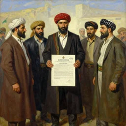 a painting of a group of kurdish people standing around a signed declaration of independence for kurdistan, an oil painting by ilya ostroukhov, featured on deviantart, socialist realism, ilya kuvshinov, movie still, oil on canvas