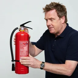 jeremy clarkson buying fire extinguisher, photorealistic
